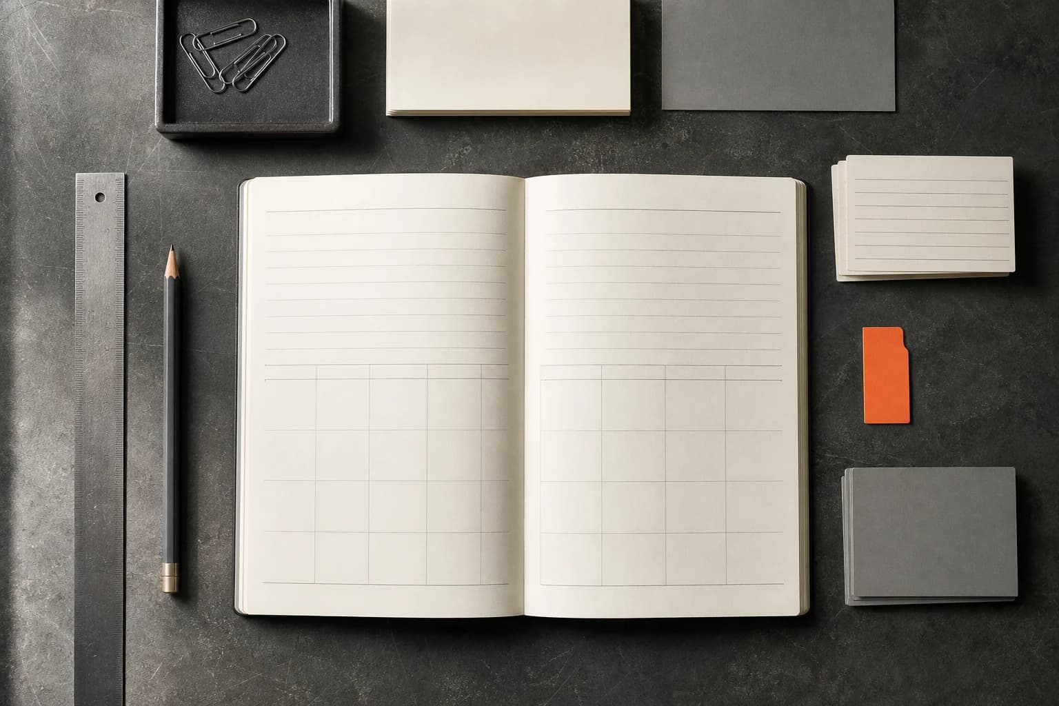 Ein offenes Planungsnotizbuch, Karteikarten, Lineal und Bleistift auf einem graphitfarbenen Schreibtisch